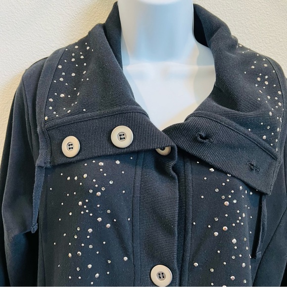 Christine Alexander women black embellish cardigan button front, pockets Sz M - Picture 2 of 13